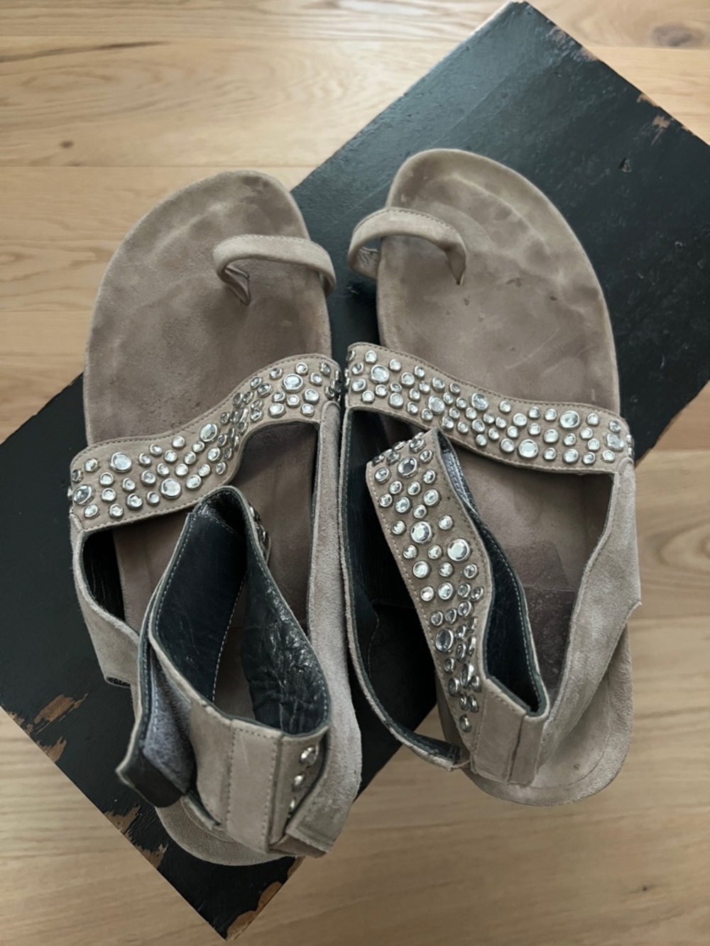 Stuart Weitzman Taupe Suede Jeweled Toe-Loop Sandals